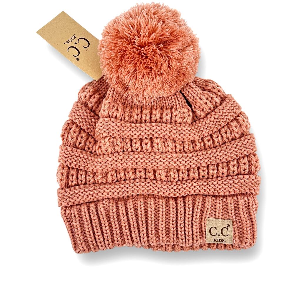 C.C. Kids Indie Pink Solid Knit Pom Knit Sweater Beanie Cap Hat Girls